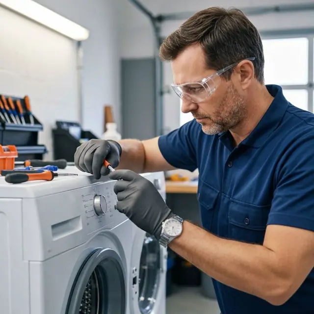 Técnico revisando la parte eléctrica de un electrodoméstico en Envigado